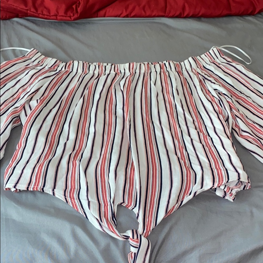 off the shoulder pink and white striped shirt